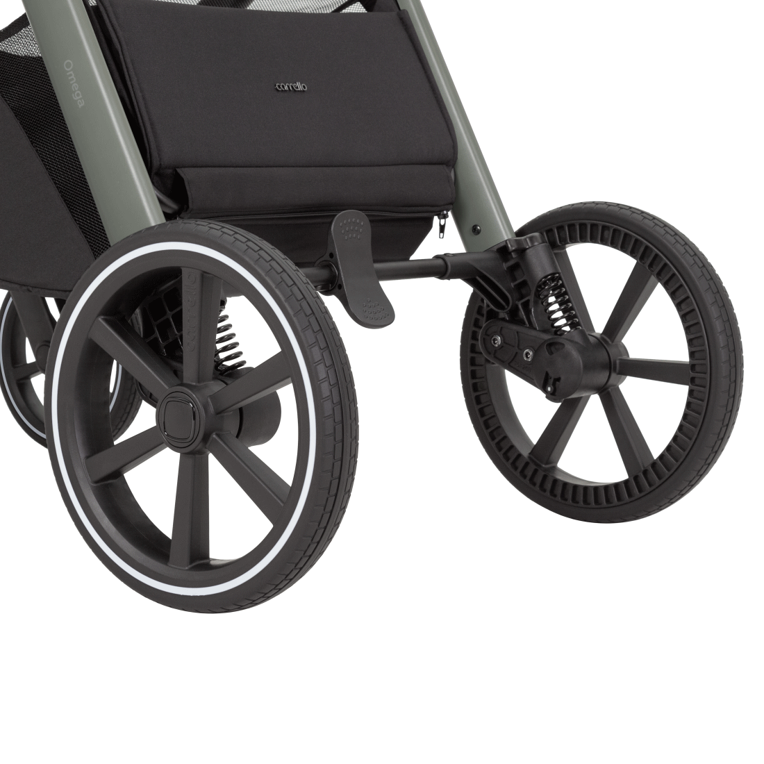 Универсальная коляска Omega 2 в 1 Deluxe 2025 ANIM Задняя ось шасси оборудована регулируемой двухступенчатой амортизацией.